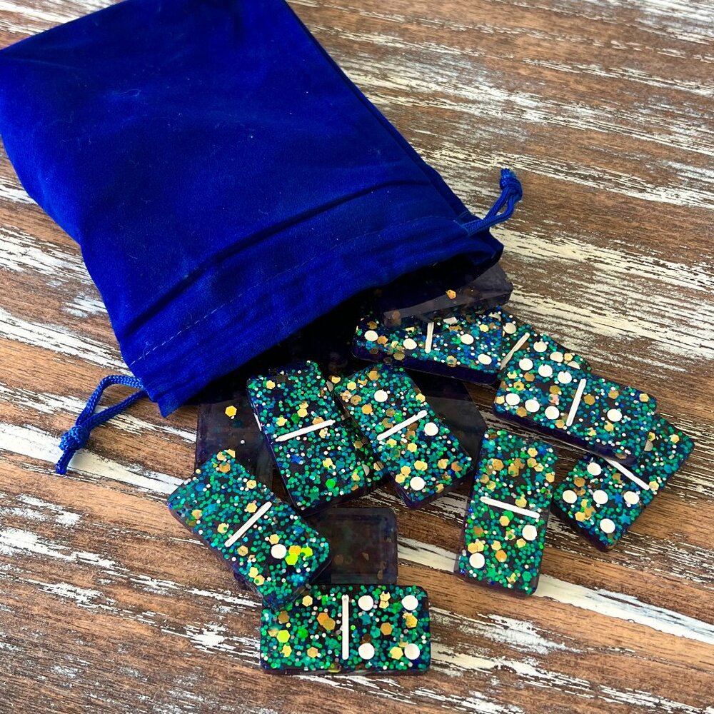 Galaxy Glitter Resin Dominoes Game with Velvet Bag 28 pieces Purple Gold Green G